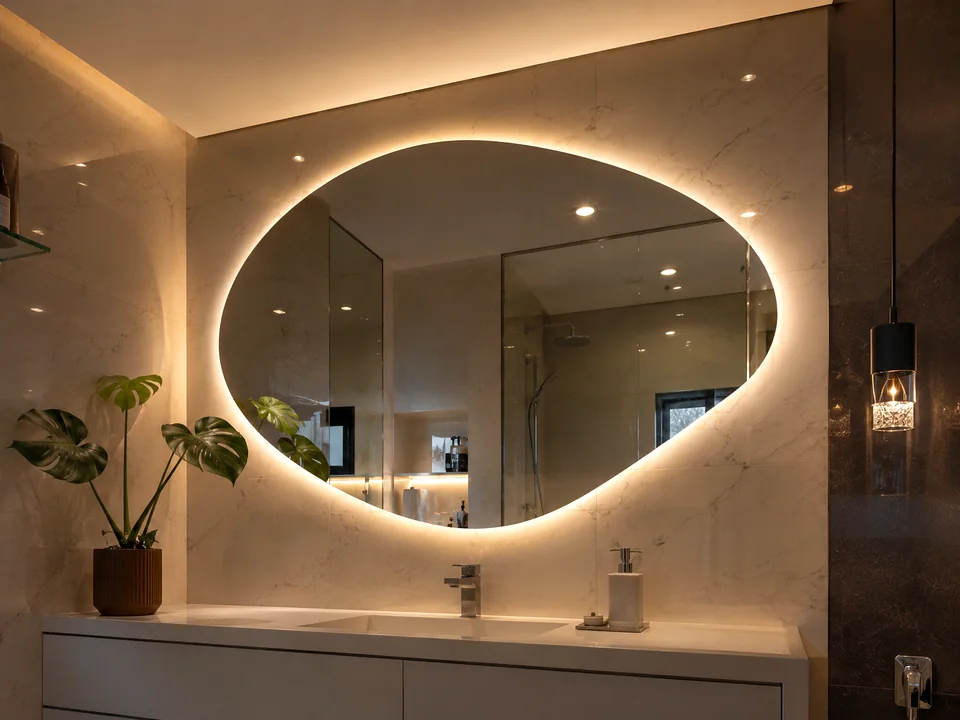 Modelo para lavabo com luz quente e visual sofisticado